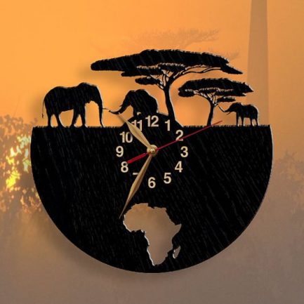 Animals Africa Vinyl Record Wall Clock Giraffe Elephant Lion Design 12'' (30cm)